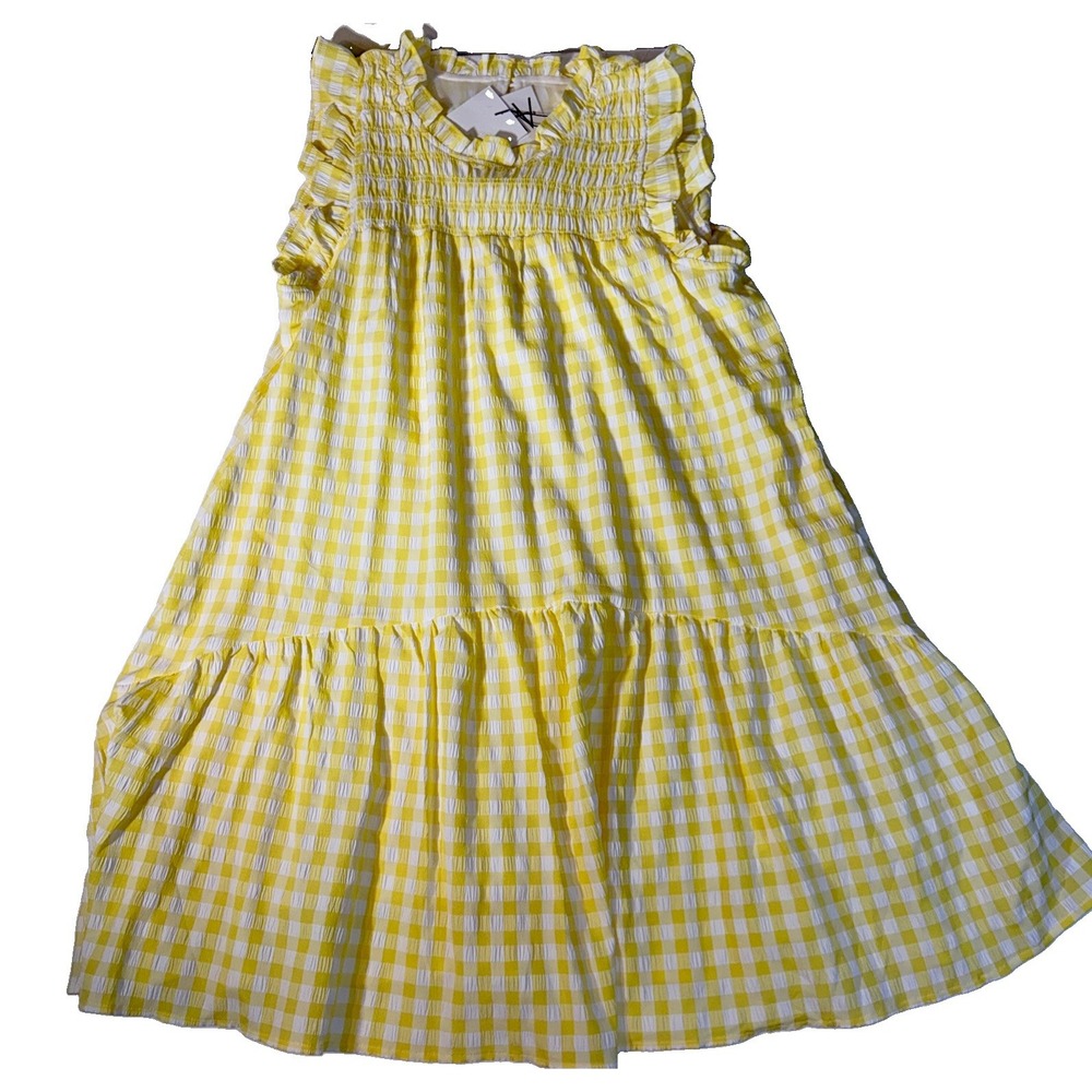 NWT &merci Brooklyn Gingham Dress Womens Medium M Yellow Lemonade Smocked Ruffle - Picture 2 of 10
